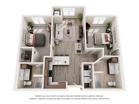 Floor plan for 2 beds, 2 baths, 1042 sqft